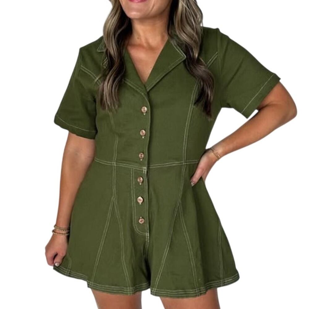 Entro Sweet Fern Womens Romper Shorts L Olive Green Boho Utility Chic